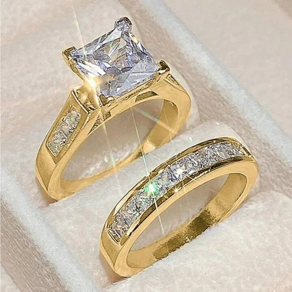Princess Cut Moissanite Engagement and band set, 14K Yellow Gold Plated Set - Picture 10 of 11